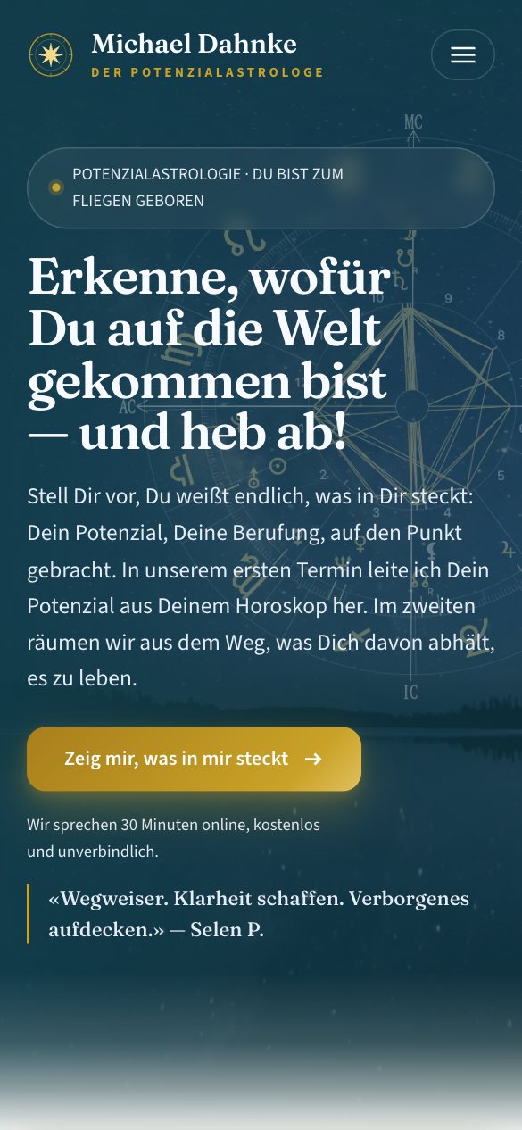 Webseite von Michael Dahnke, Potenzialastrologe, auf dem Handy, gebaut vom Frequenz-Prinzip