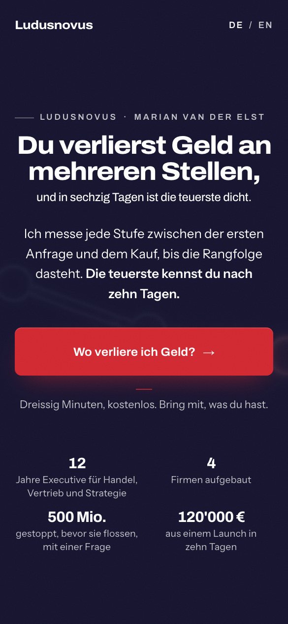 Webseite von LudusNovus, Marian van der Elst, auf dem Handy, gebaut vom Frequenz-Prinzip